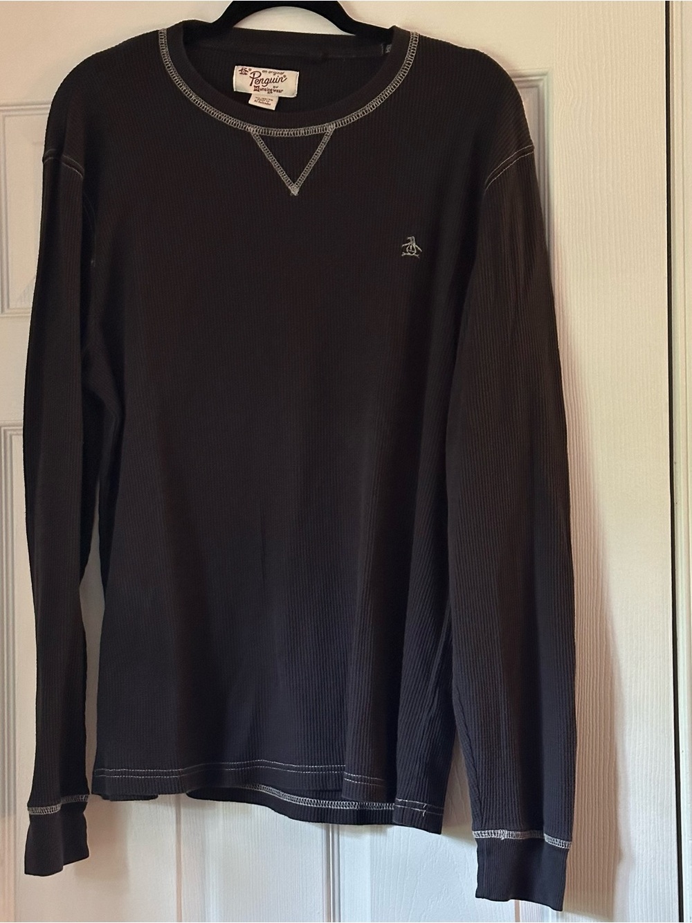 Original Penguin Men's Long-Sleeve Thermal Shirt - Black With White Stitching